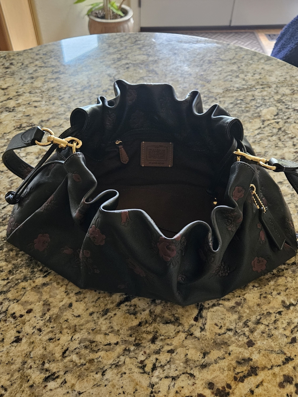 Coach Black Leather Shoulder Bag (Large) with Floral Embossing and Gold Chain - Picture 6 of 10